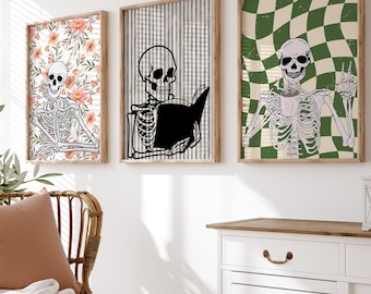 Vintage Skeleton Print Set, Funny Halloween Home Art, Digital Prints, Neutral Halloween Wall Decor, Dark Academia Wall Art, Wall Art Decor