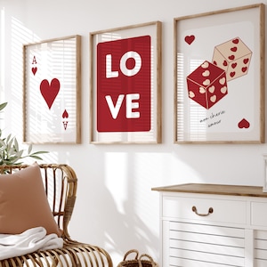 Rotes Herz-Ass Poster Set, Retro Valentinstag Dekor, 3er Set Valentinstag Wanddruck, Valentinstag Drucke, Rosa trendige Retro Wandkunst