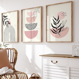 Arte de pared imprimible bohemio, impresión de arte de pared rosa, decoración de pared bohemia rosa ruborizada, decoración de pared minimalista para sala de estar, juego de arte de pared moderno de mediados de siglo