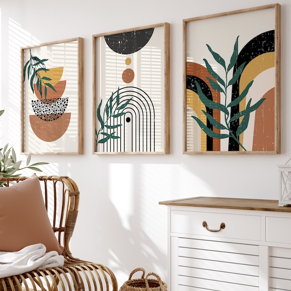 Mid Century Modern Wall Print 3er Set, Boho Prints, moderne neutrale Wandkunst, minimalistisch, grün schwarze Terrakotta Prints, digitaler Download