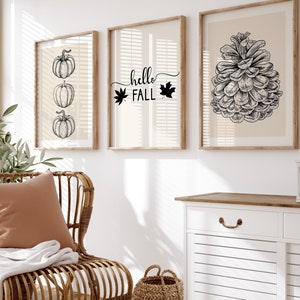Herbst Print 3er-Set, Neutrale Herbst Dekoration, Herbst Kürbis Drucke, Herbst Quate Poster, Kiefer Kegel Wandkunst, Minimalistisches Herbst Poster, digitale Kunst