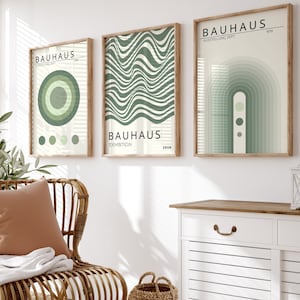 Green Bauhaus Poster Set Of 3, Bauhaus Exhibition Wall Art, Sage Green Bauhaus Print Set, Geometric Art, Mid Century Modern Gallery Wall