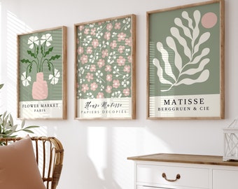 Matisse Gallery Wall Set of 3, Matisse Prints,  Flower Market Print, Flower Market Poster, Sage Green Wall Art, Floral Wall Set, Digital Art