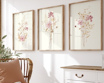 Watercolor Botanical Print Set Of 3, Pink Wildflower Prints, Floral Printable Art, Botanical Wall Art, Gallery Wall Art, Modern Home Decor,