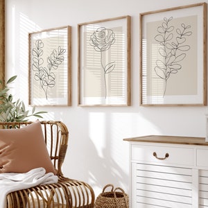 Neutral Wall Art Print, Botanical Line Art, Beige Plant Prints, Minimalist  Modern Living Room Decor, Set Of 3 Wall Prints, Flower Line Art,