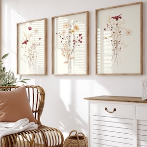 Watercolor Wildflower Wall Print Set Of 3, Botanical Wall Art, Neutal Floral Prints, Boho Wall Decor, Floral  Poster Set, Flower Gallery Art