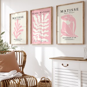 Juego de 3 impresiones de pared en rosa pastel, arte mural de Henri Matisse, impresiones de Matisse en rosa, arte mural para dormitorio, juego de pósteres de Matisse, impresiones abstractas de hojas.