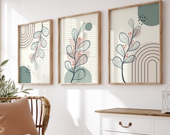 Sage Green Boho Wall Art Prints: Mid-Century Modern Set of 3 (Digital Download)