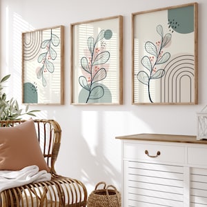 Sage Green Boho Wall Art Prints: Mid-Century Modern Set of 3 (Digital Download)