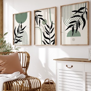 Boho Salbei Grün Wand Print 3er Set, Mid Century Wanddruck, grüne Wand Dekoration, botanische Boho druckbare Kunst, grün schwarz beige Boho Poster