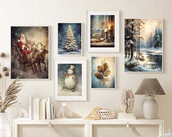 Christmas Gallery Wall Print Set, Christmas Winter Wall Art Print, Rustic Christmas Home Decor, Xmas Decoration, Vintage Santa Claus Poster