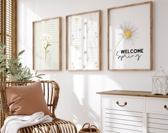 Daisy Wall Art Print Set: Beige Cream Boho Floral (Digital Download)