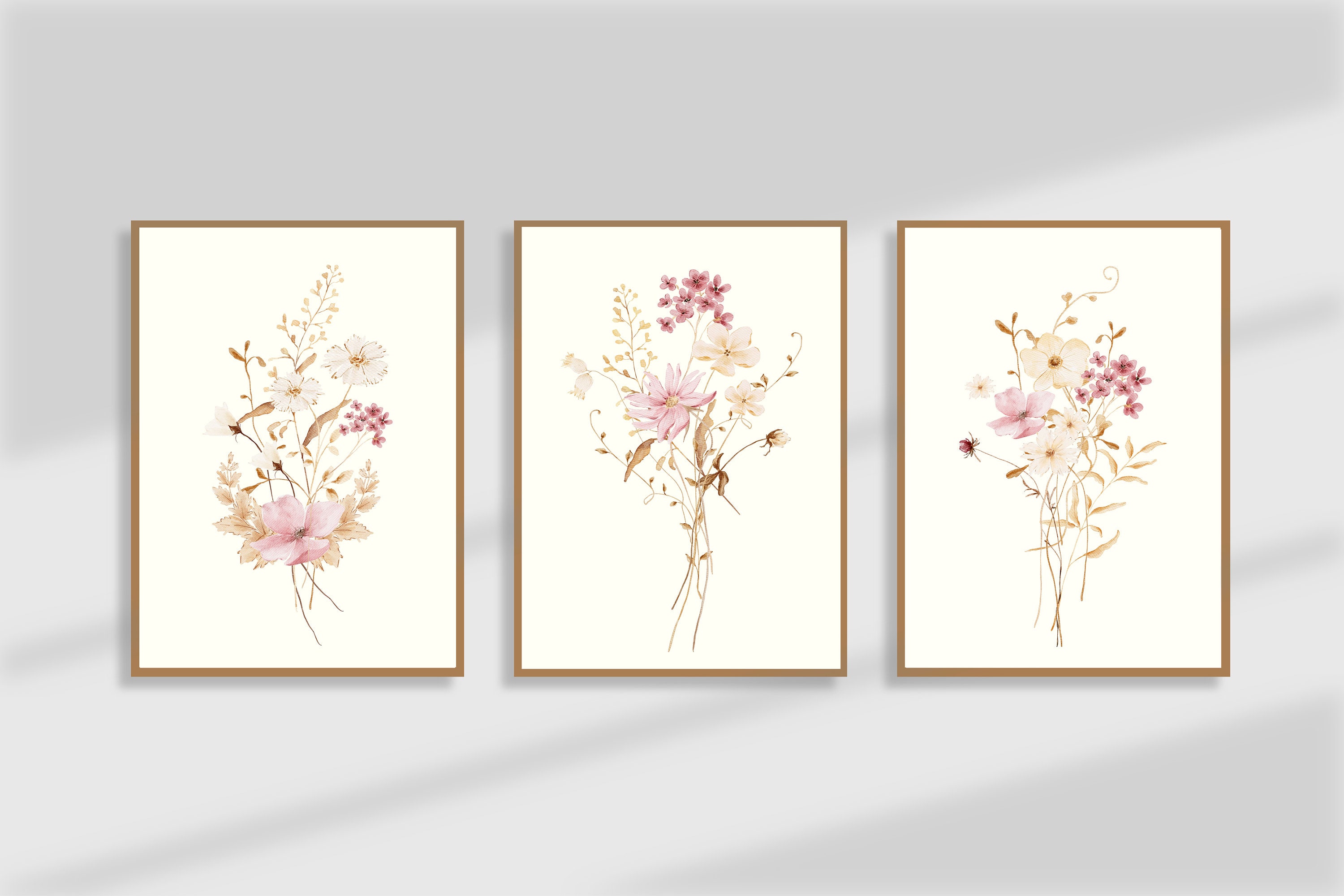 Watercolor Botanical Print Set of 3, Pink Wildflower Prints, Floral ...