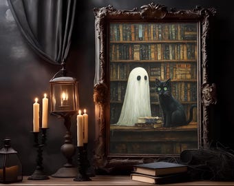 Ghost in a Library Print, Halloween Printable Wall Art, Ghost Book Wall Art, Ghost and Cat Reading Print, Vintage Poster, Digital Download,