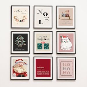 Kerstgalerij muurprint set van 9, kerstprintables, minimalistische kerstkunst, boho kerstprints, retro kerstversiering