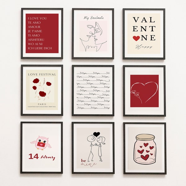 Valentines Day  Gallery Wall Print Set, Valentines Day Prints, Modern Valentines Day Party Home Decor, Romantic Wall Art, Digital Downloads