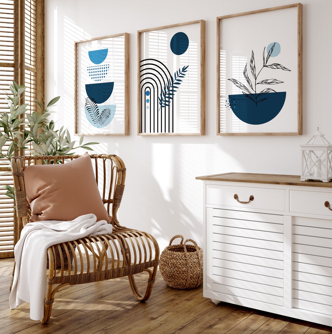 Set of 3 Boho Wall Art, Boho Navy Blue Wall Prints, Abstract Wall Print