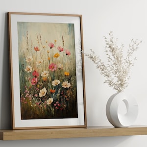 Wildflower Oil Painting Prints, Vintage Floral Wall Art, Floral Landscape Farmhouse Print, Antique Farmhouse Wall Prints, Digital Download