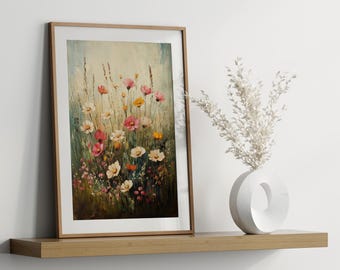 Vintage Wildflower Oil Painting Print: Farmhouse Floral Art (Digital Download)
