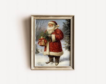 Rustic Santa Claus Christmas Print: Vintage Oil Painting (Digital Download)