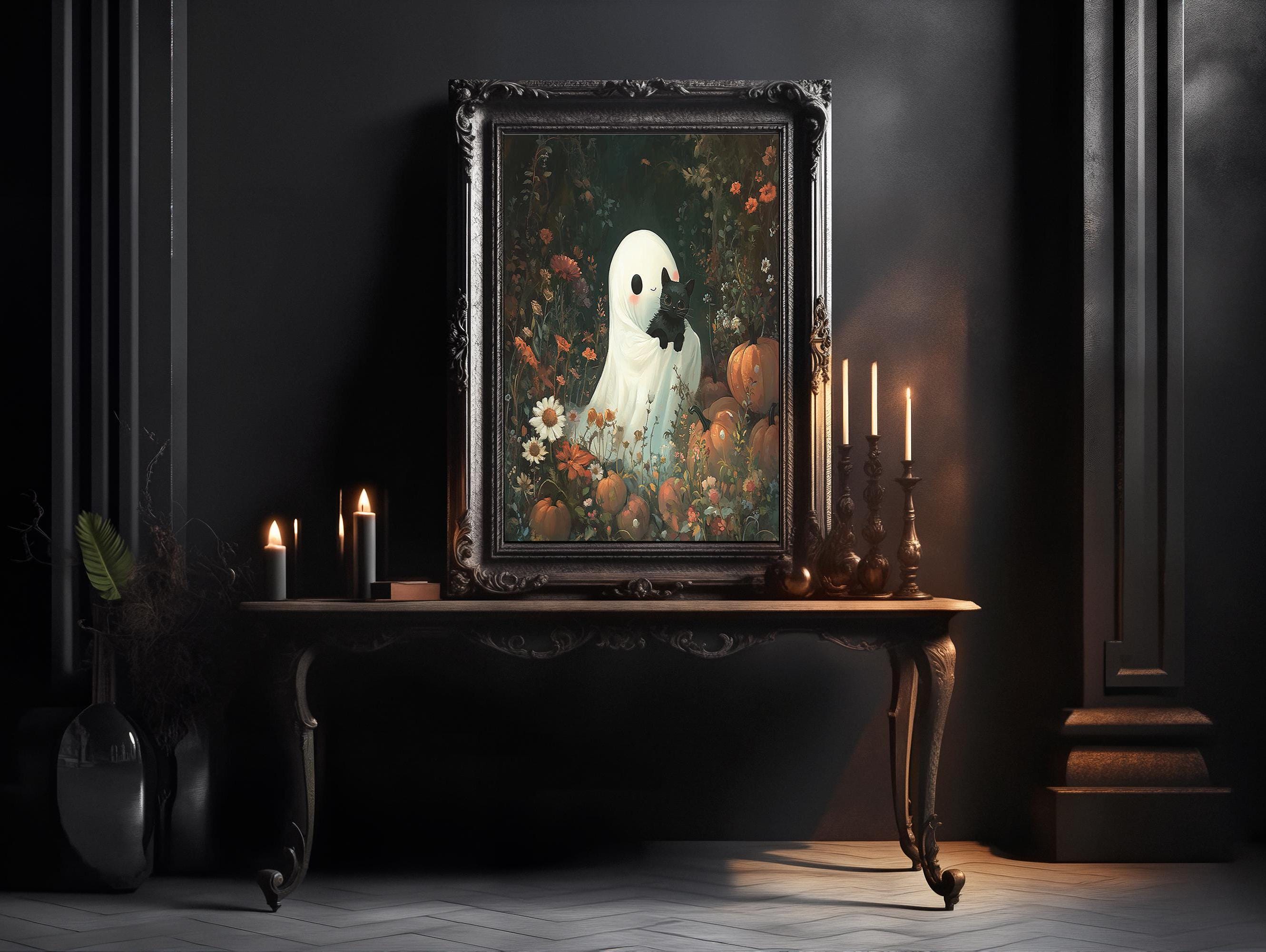Cute Ghost and Black Cat Print, Vintage Ghost Wall Art, Dark Academia ...