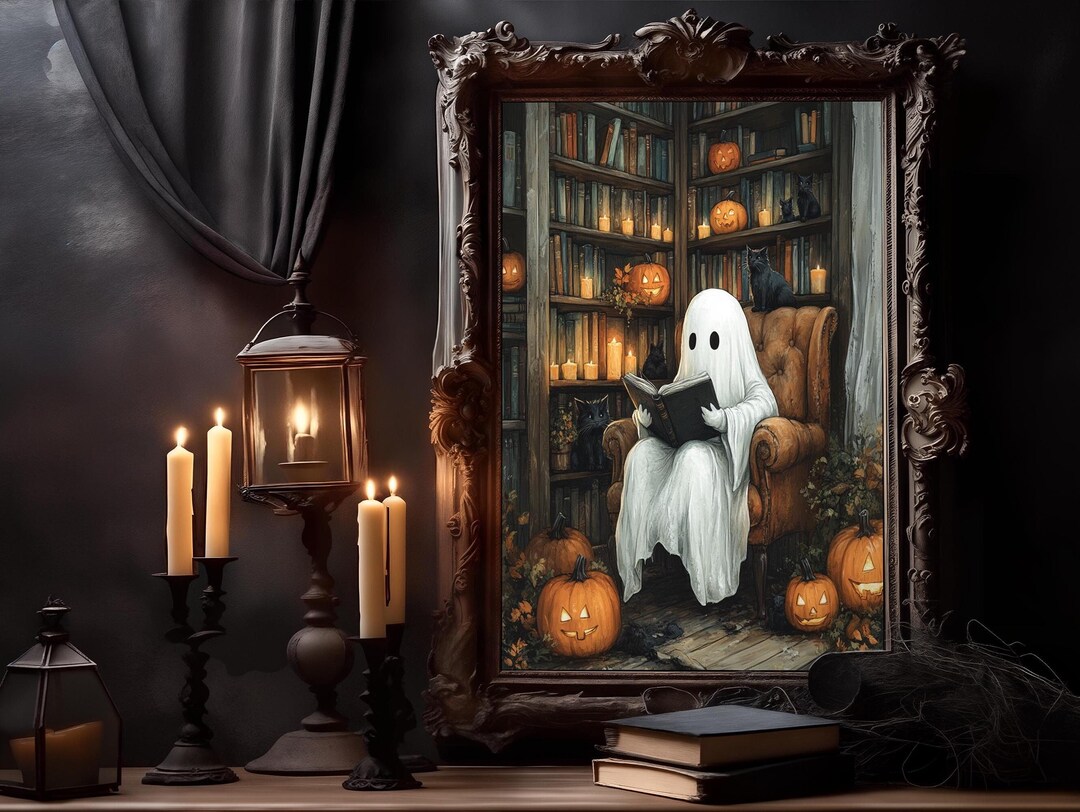 Vintage Library Ghost Print, Spooky Halloween Art, Digital Download ...