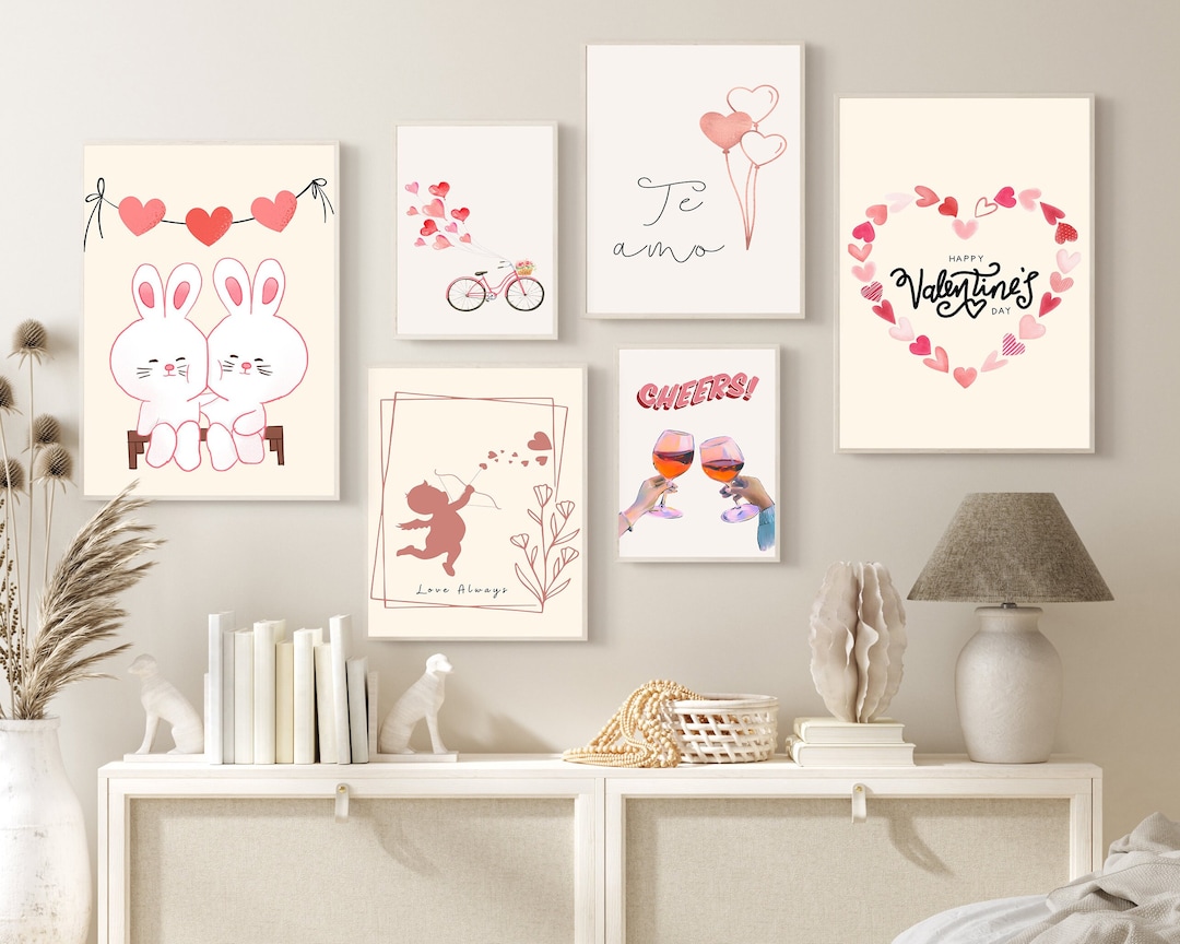 Pink Valentines Day Printable Wall Set of 6, Pastel Pink Valentines Day