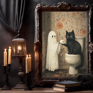 幽霊と黒猫のバスルームポスター、トイレの面白い幽霊のプリント、ハロウィーンプリント、ビンテージポスター、ハロウィーンの幽霊の絵画プリント、デジタル