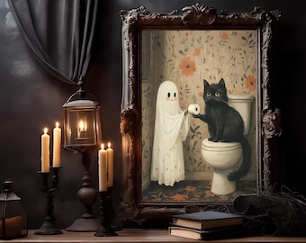 Ghost and Black Cat Bathroom Poster, Funny Ghost on Toilet Print, Halloween Prints, Vintage Poster, Halloween Ghost Painting Prints, Digital