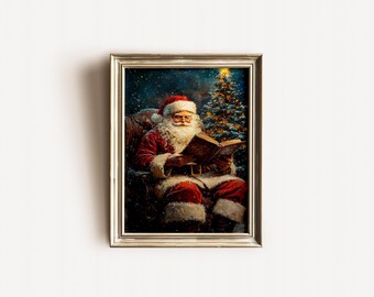 Vintage Santa Claus Oil Painting Print: Christmas Tree Wall Art (Digital Download)