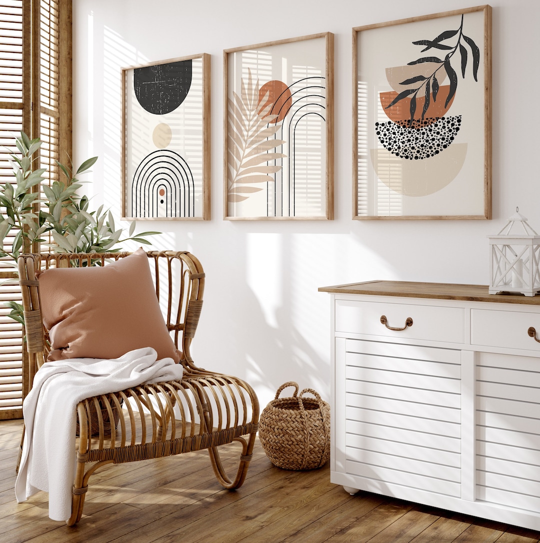Mid Century Modern Wall Print Set of 3, Neutral Geometric Digital ...
