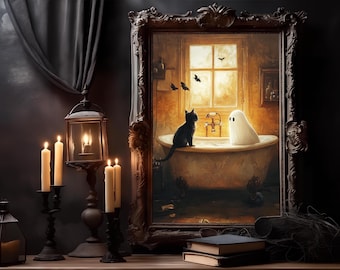Ghost in Bathtup Poster, Ghost and Black Cat Bubblebath Print, Spooky Halloween Wall Art, Halloween Bathroom Decor, Halloween Printable Art,