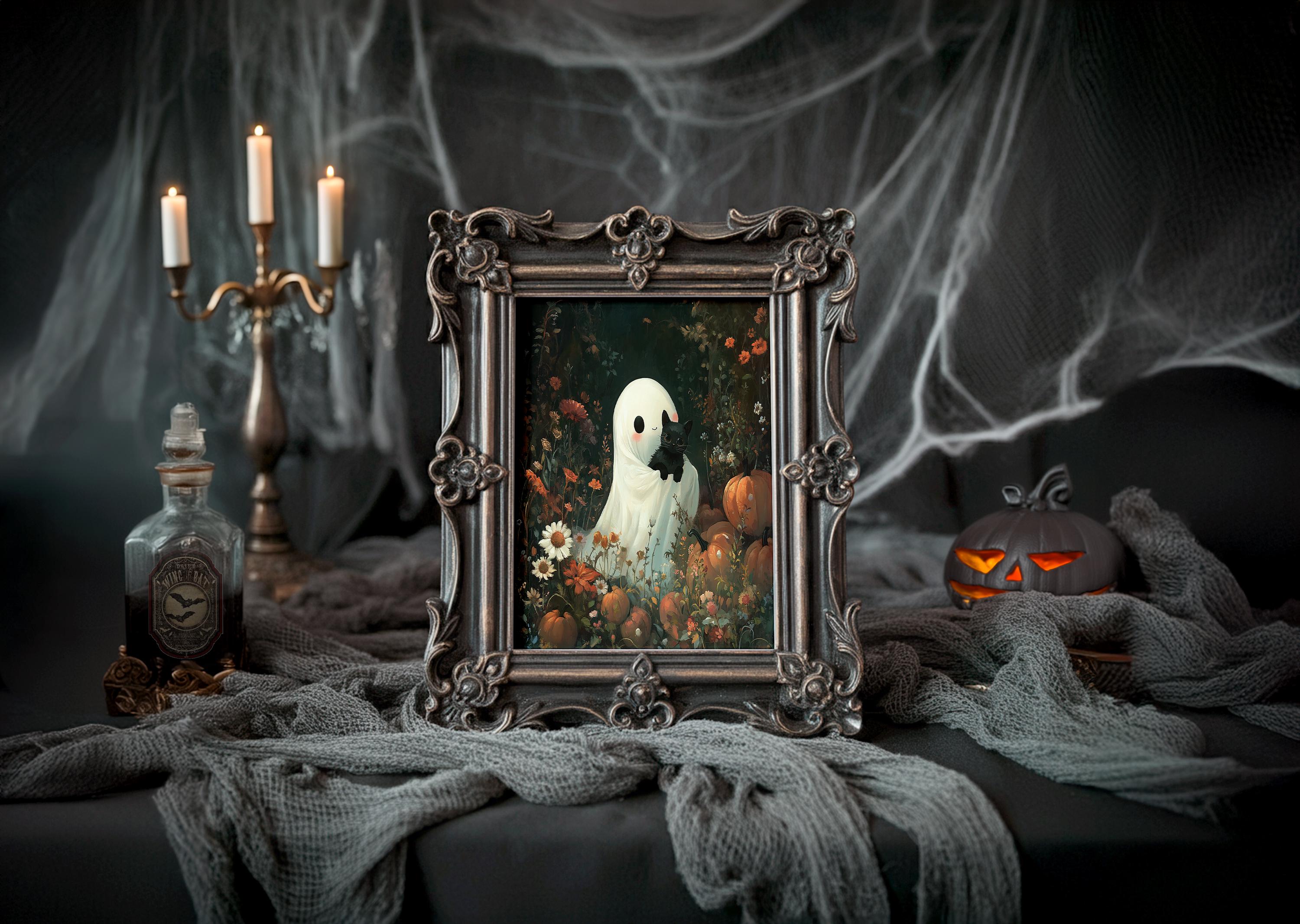 Cute Ghost and Black Cat Print, Vintage Ghost Wall Art, Dark Academia ...