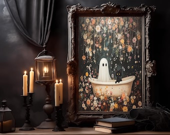 Ghost and Cat Bathtub Print, Spooky Halloween Bathroom Decor, Digital Download, Halloween Prıntable Wall Art, Spooky Bubblebath Art, Decor