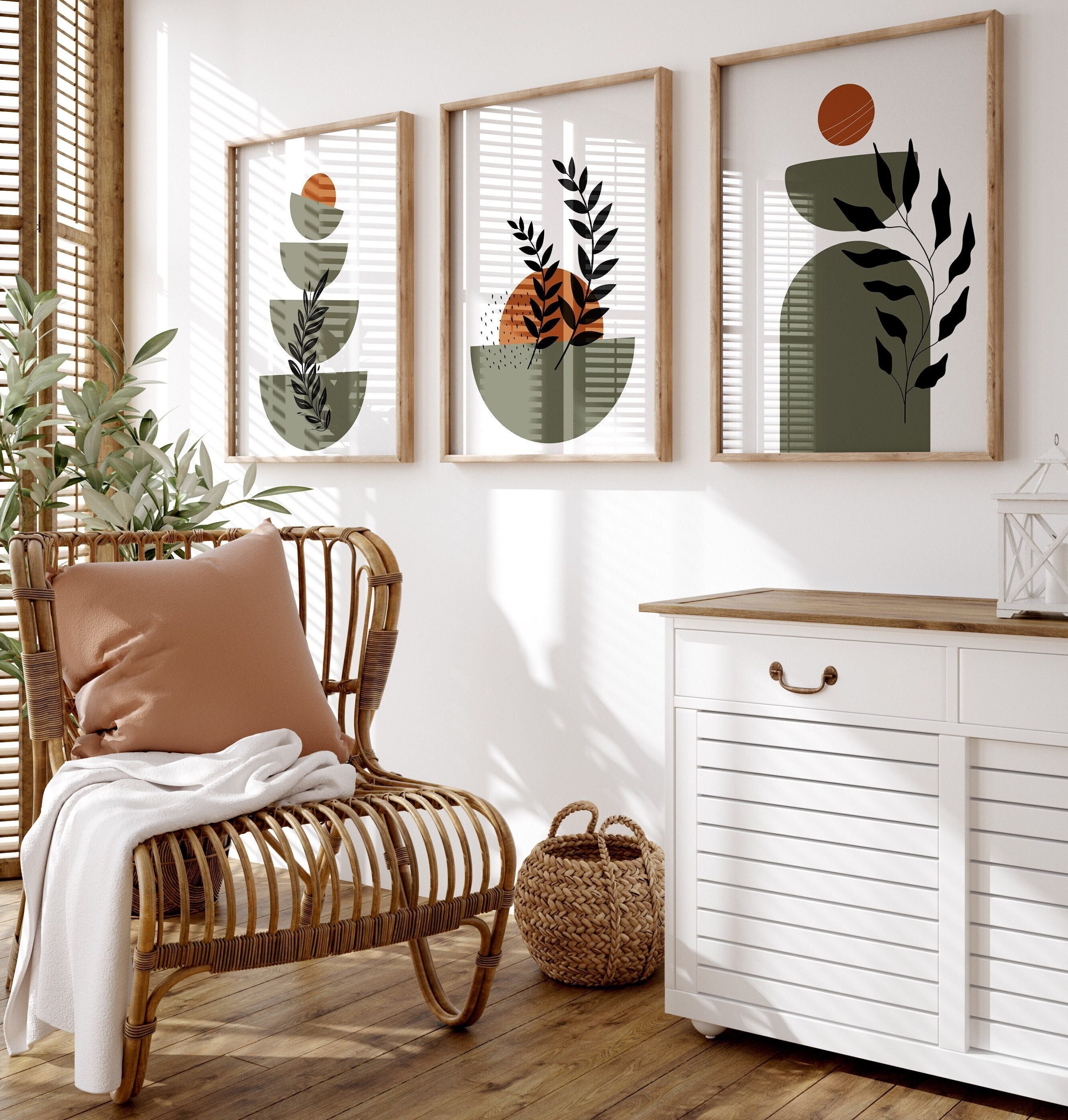 Sage Green Wall Art Set of 3, Boho Geometric Design, Botonical Line Art,mid Century Modern Home ...