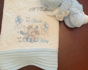 BalloonElephantYFBTOA  Heirloom Baby Blanket (Blue, Pink & Purple)