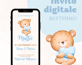 May include: Digital invitation for a baby boy's baptism with a cute cartoon bear holding a blue heart. The invitation includes the baby's name, Matteo, the date and time of the baptism, and the location of the ceremony and reception.