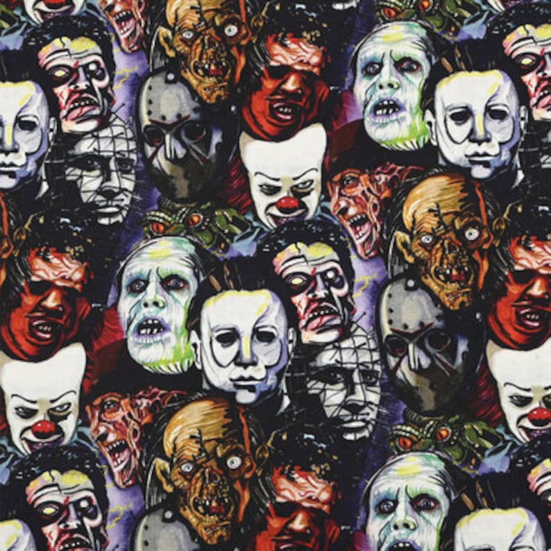 May include: A colorful pattern featuring a variety of horror movie characters, including Freddy Krueger, Jason Voorhees, Michael Myers, and more. The background is a dark purple with a variety of colors and textures.