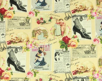 Vintage Newspaper Fabric Advertisement Fabric Cartoon Cotton Fabric By The Half Yard