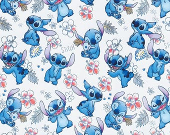 May include: A white background with a repeating pattern of blue Stitch characters from the Disney movie Lilo & Stitch. Stitch is holding a small plush toy and surrounded by tropical flowers and leaves. The text "Stitch" appears in the pattern.
