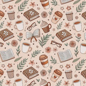 Puede incluir: Un patrón repetitivo sobre un fondo beige claro con ilustraciones de libros marrones con flores blancas, tazas de café blancas, vasos de café marrones con corazones, libros abiertos, gafas, ramas verdes con hojas y pequeñas flores rosas.