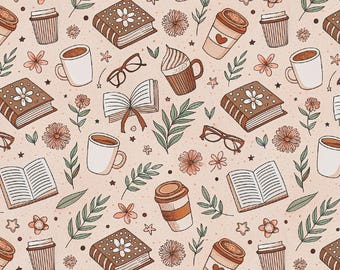 Cozy Book Coffee Fabric Reading Lifestyle Fabric Book Lovers Fabric Cotton Fabric By The Half Yard