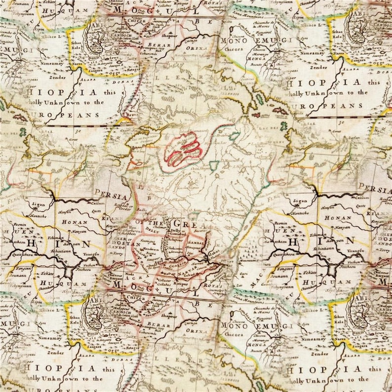 May include: An antique map of Asia with a faded, cream-coloured background. The map is filled with intricate lines and text, highlighting various regions and cities. The text includes "HIOPIA this holly Unknown to the ROPEANS" and "MONO EMUGI".