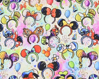 May include: A colorful fabric with a repeating pattern of cartoon characters wearing mouse ears. The characters include Mickey Mouse, Stitch, and Chip and Dale. The background is a light blue with pink, yellow, and green accents.
