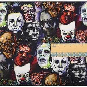 May include: A colorful fabric with a repeating pattern of horror movie character faces. The faces are in various shades of red, green, blue, and white. The fabric is perfect for Halloween crafts and costumes.