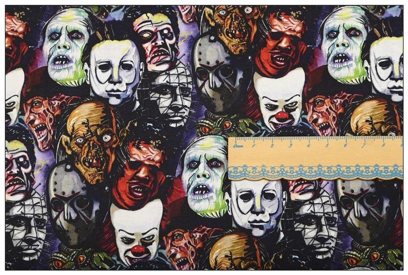 May include: A colorful fabric with a repeating pattern of horror movie character faces. The faces are in various shades of red, green, blue, and white. The fabric is perfect for Halloween crafts and costumes.