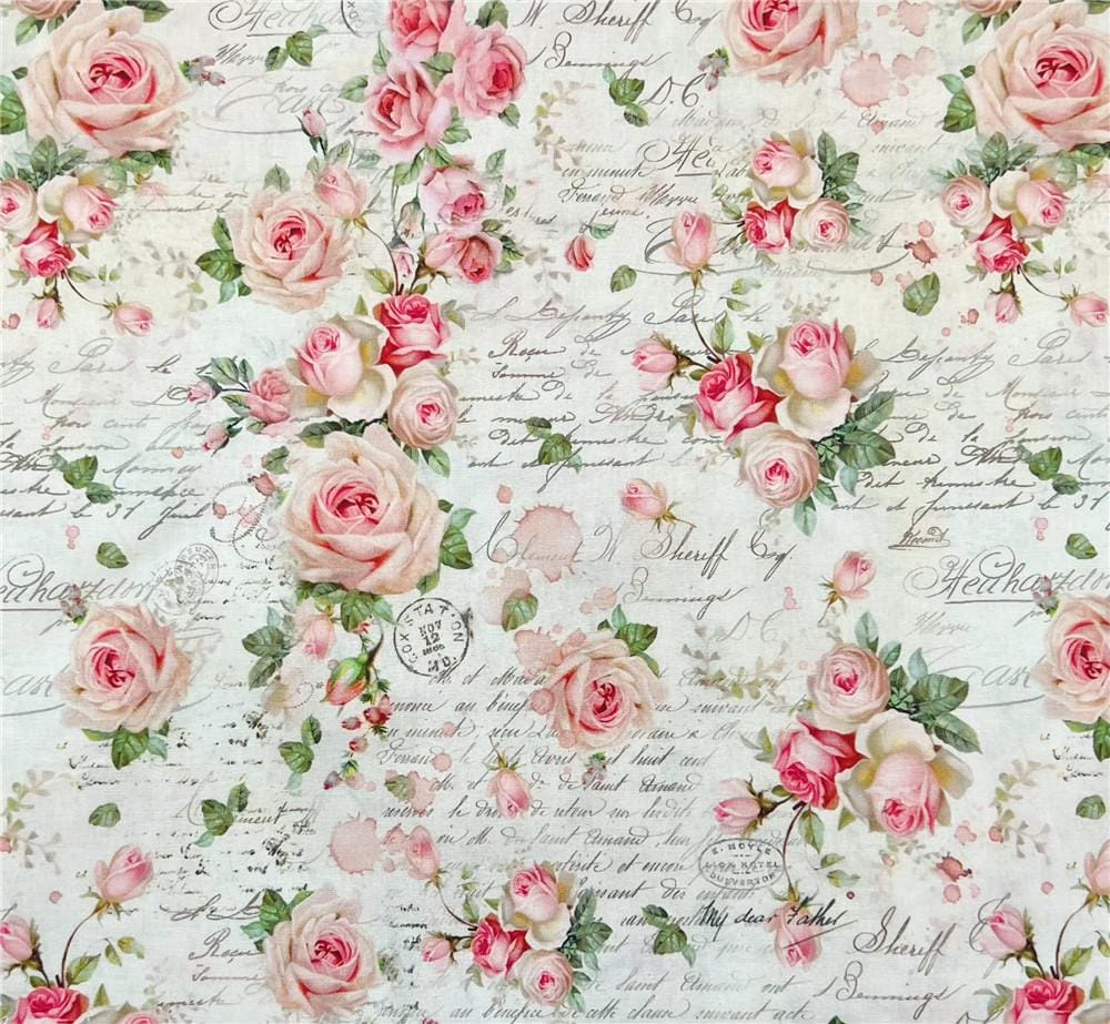 Romantic Vintage Rose Fabric Antique Letter & Floral Fabric Vintage Postmark Rose Fabric Cotton Fabric By The Half Yard