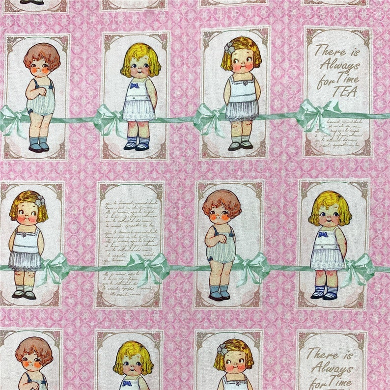 May include: A pink and white patterned fabric with a repeating design of girls in dresses and the text "There is Always Time for TEA".