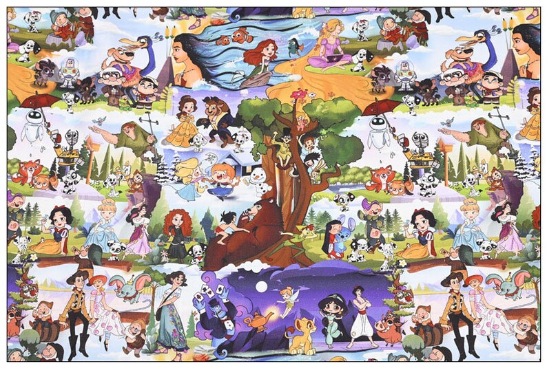 Classic Characters Fabric Disney Multi Princess Fabric Cartoon Cotton ...
