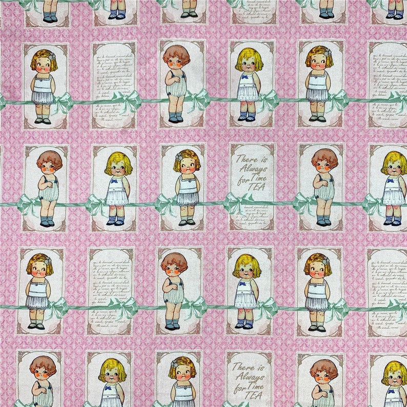 May include: Pink fabric with a repeating pattern of a girl in a white dress holding a teacup. The text "There is Always Time for Tea" is repeated throughout the fabric.